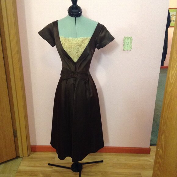 Vintage Dresses & Skirts - Vintage 1950s '50s Brown Satin Cocktail Dress with Tiered Lace Bodice